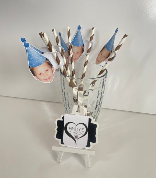 Personalised Face Straw Toppers - Blue Party Hat - Pack Of 16 Faces