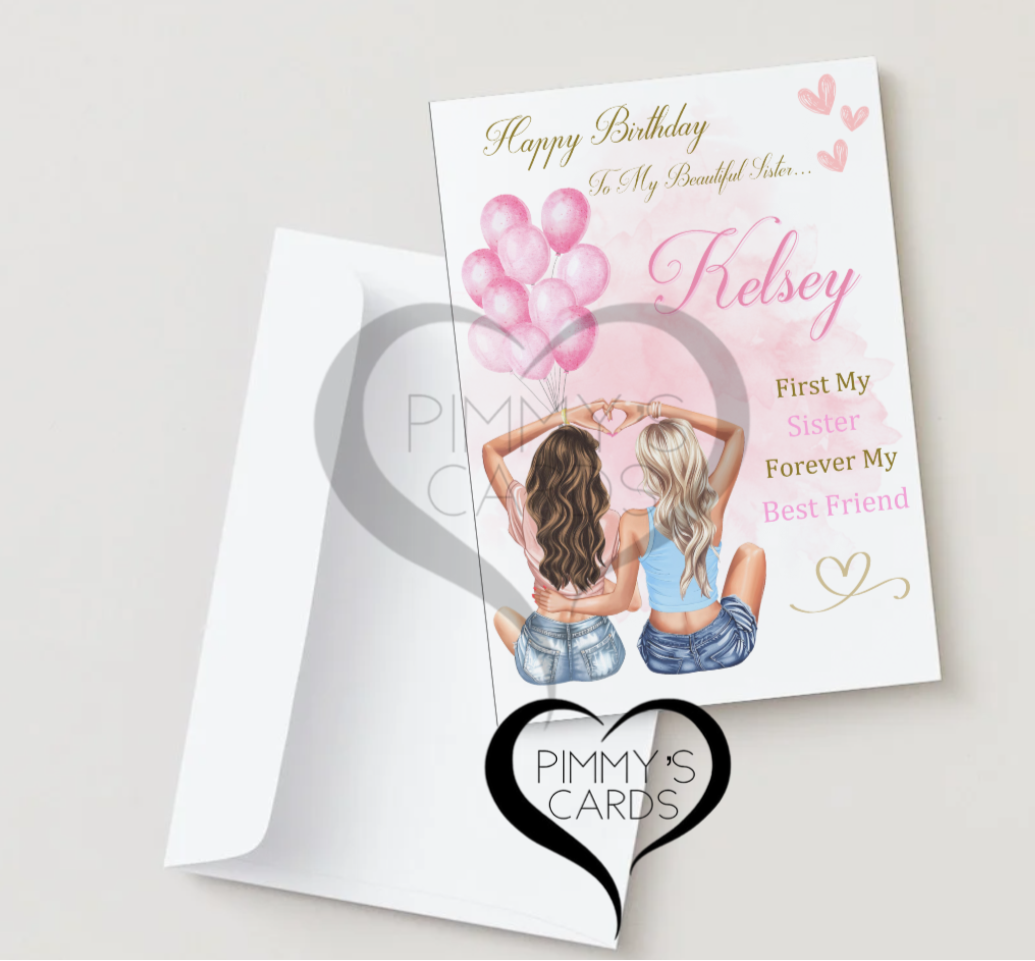 Personalised birthday card for sister or best friends pink theme 2 girls 