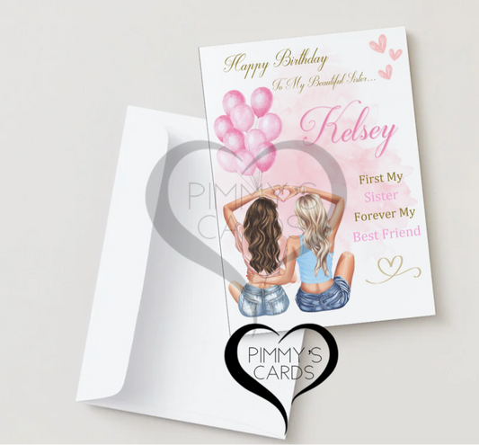 Personalised birthday card for sister or best friends pink theme 2 girls 