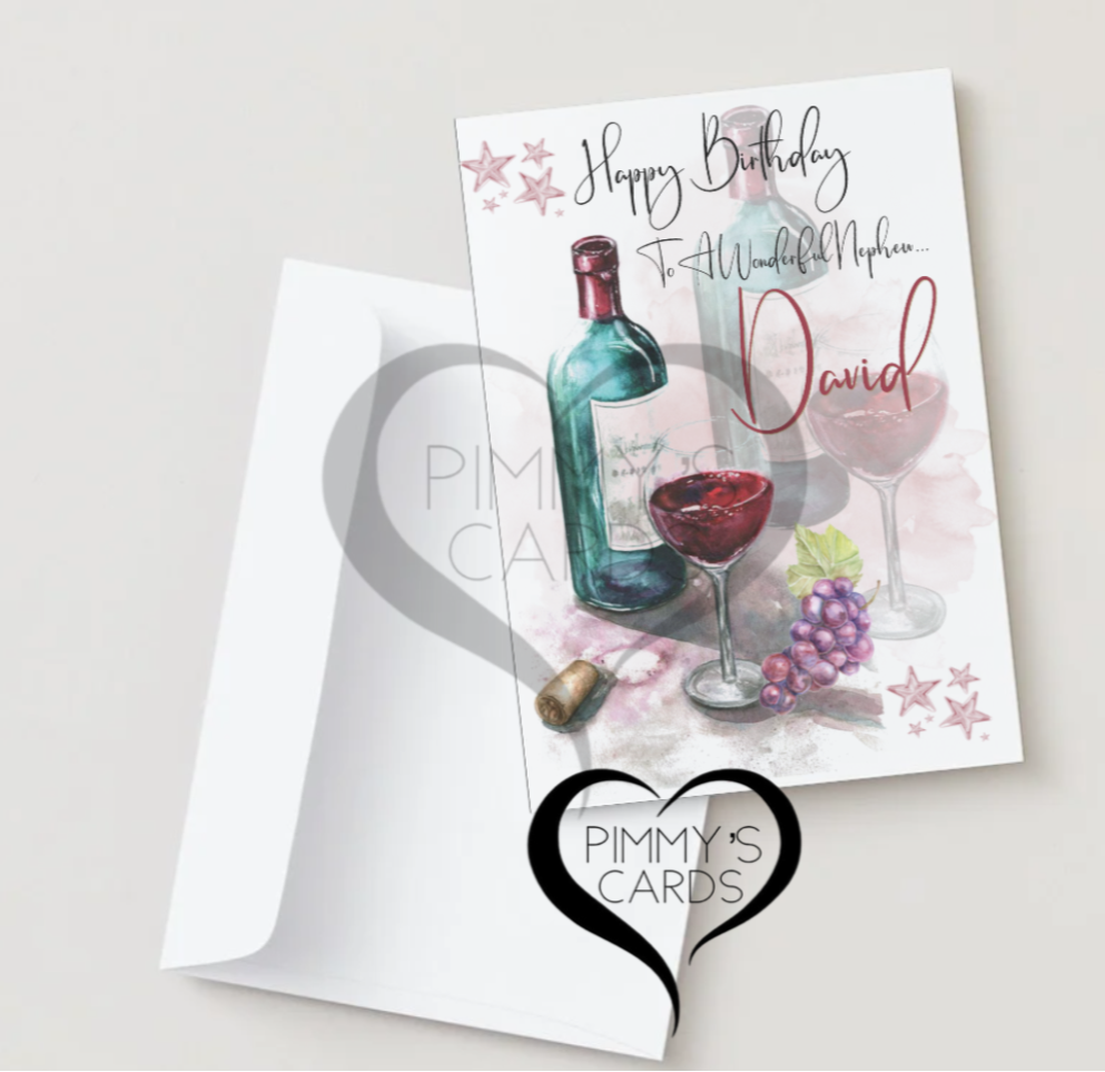 Personalised Birthday card with wine bottle and glasses design. Men birthday cards