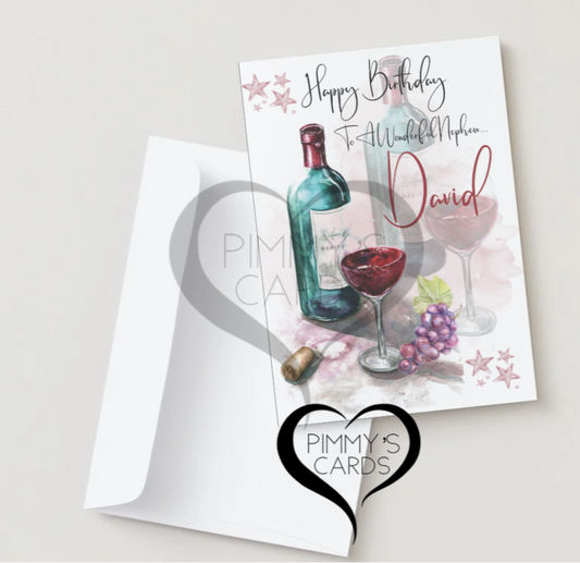 Personalised Birthday card with wine bottle and glasses design. Men birthday cards