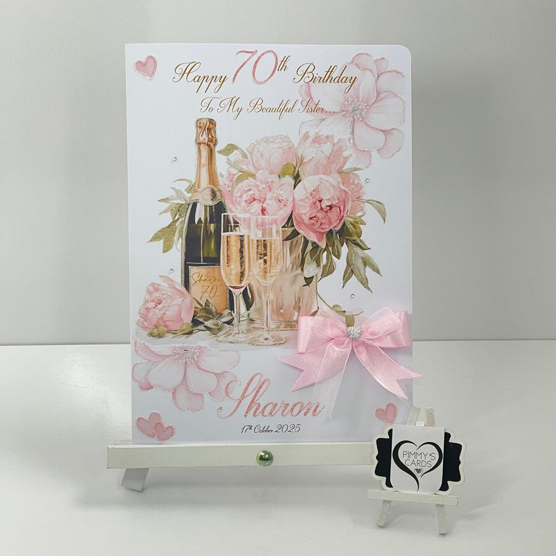 Personalised handmade women's birthday card greeting card. pink Peonies Bucket champagne with glasses theme.