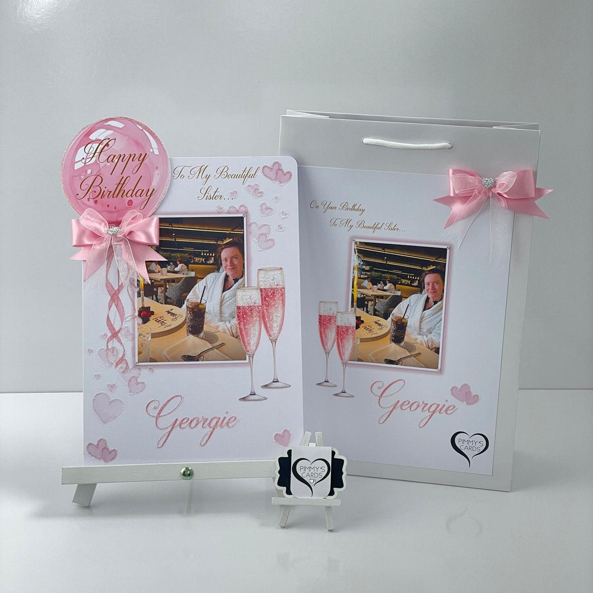 Personalised handmade greeting cards With Matching Gift Bag. Cards for mothers day and women's birthday cards. Pink theme champagne glasses.