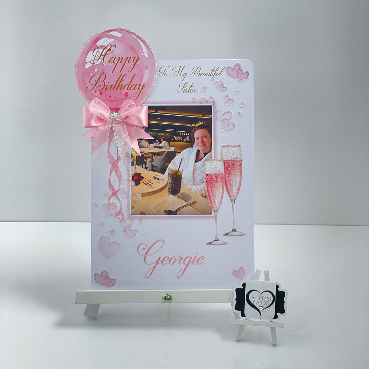 Pink Balloon & Champagne Glasses Theme Photo 3D Pop Out Card