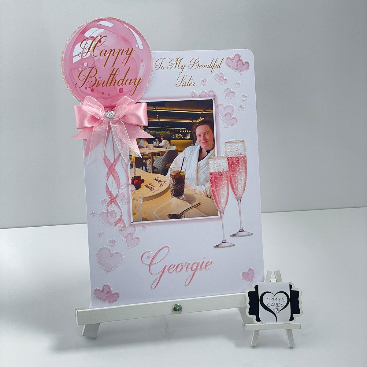 Pink Balloon & Champagne Glasses Theme Photo 3D Pop Out Card