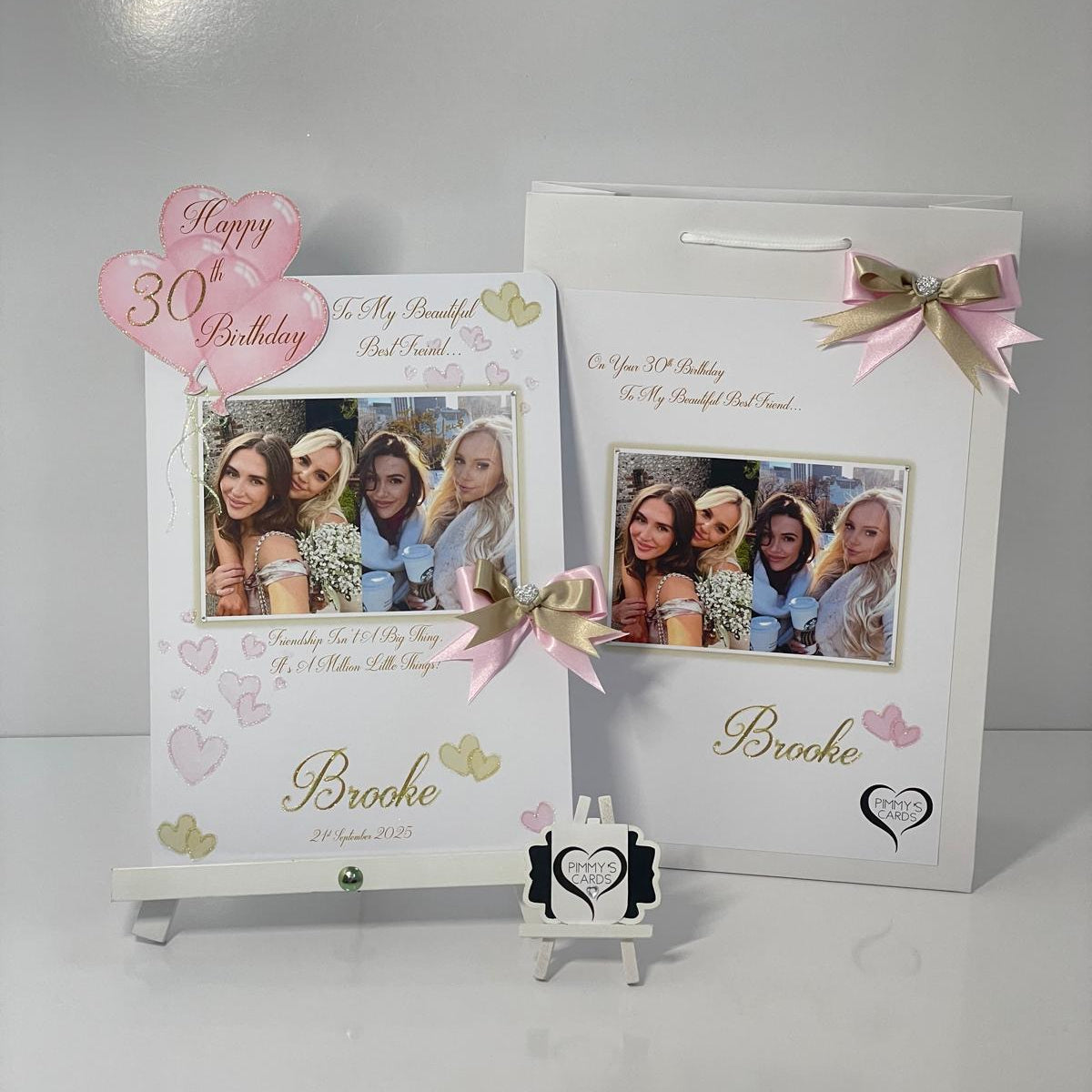 Personalised handmade greeting cards With Matching Gift Bag. Cards for mothers day and women's birthday cards. Pink theme champagne glasses.