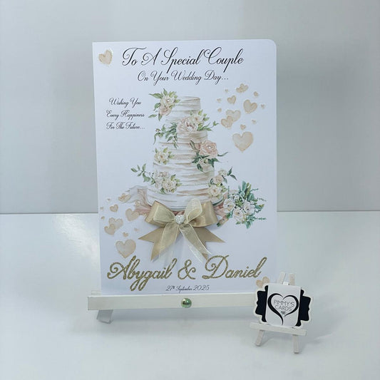 Personalised handmade wedding greeting cards. Wedding cake design.