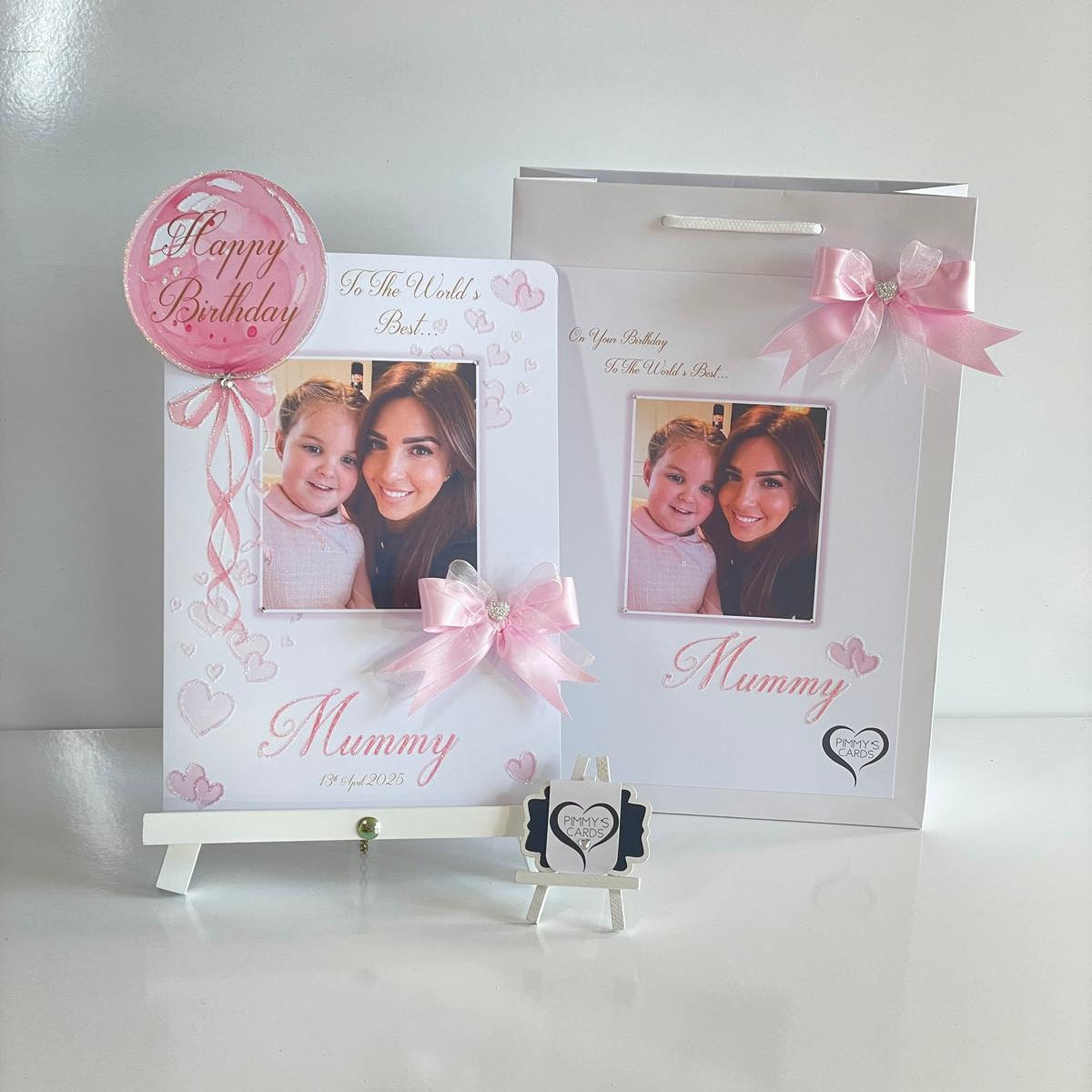 Personalised handmade greeting cards With Matching Gift Bag. Cards for mothers day and women's birthday cards. Pink theme.