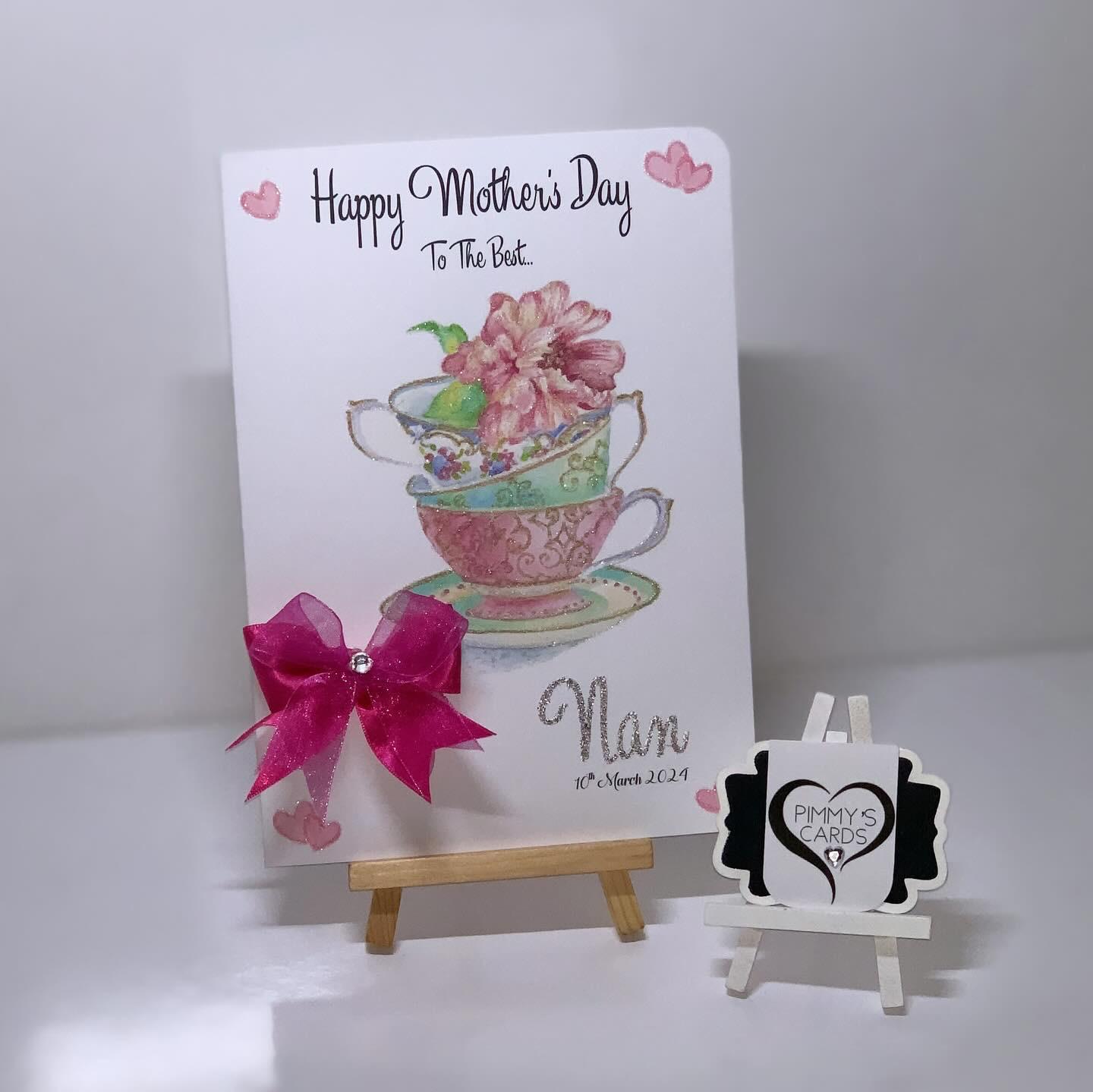 Personalised handmade greeting cards With Matching Gift Bag. Cards for mothers day and women's birthday cards. Pink theme Stacking tea cups.
