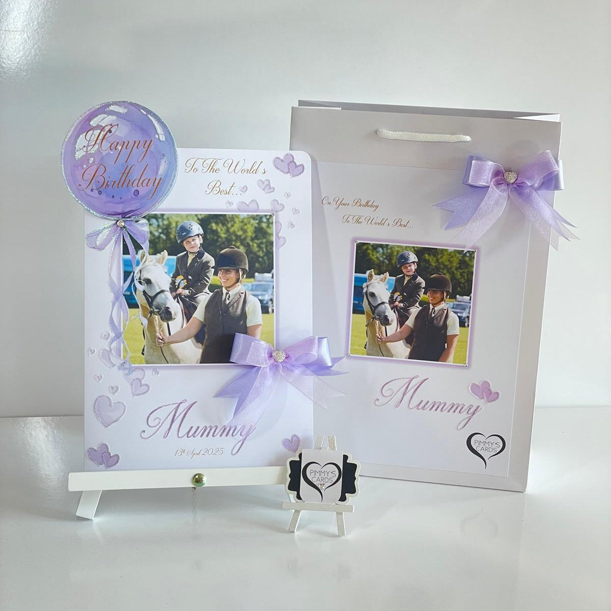 Personalised handmade greeting cards With Matching Gift Bag. Cards for mothers day and women's birthday cards. Lilac purple theme.