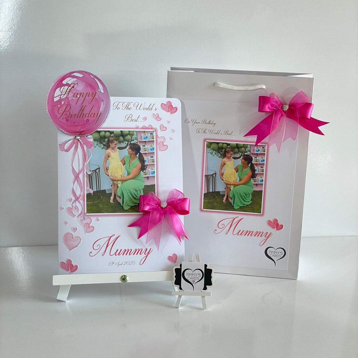 Personalised handmade greeting cards With Matching Gift Bag. Cards for mothers day and women's birthday cards. Pink theme.
