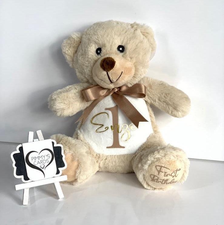 light brown plush Bear with personalised name and date text on it. Personalised Soft Toy Bear