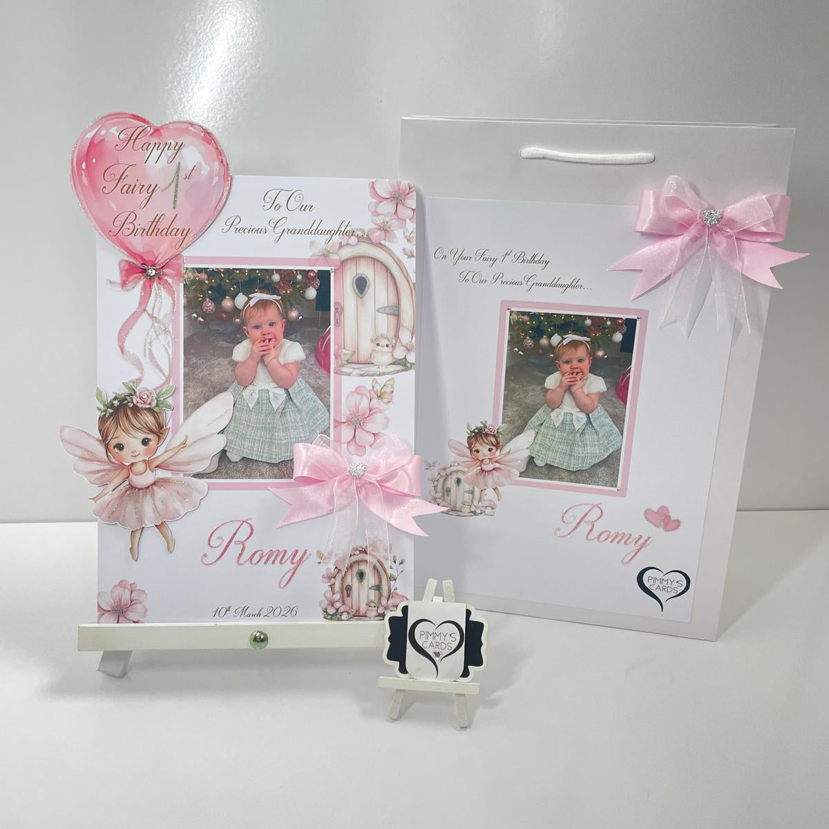 Personalised Handmade card with photo and fairy first birthday theme. with a Decorative gift bag and card with fairy design and pink ribbons. 1st birthday cards girls birthday cards.