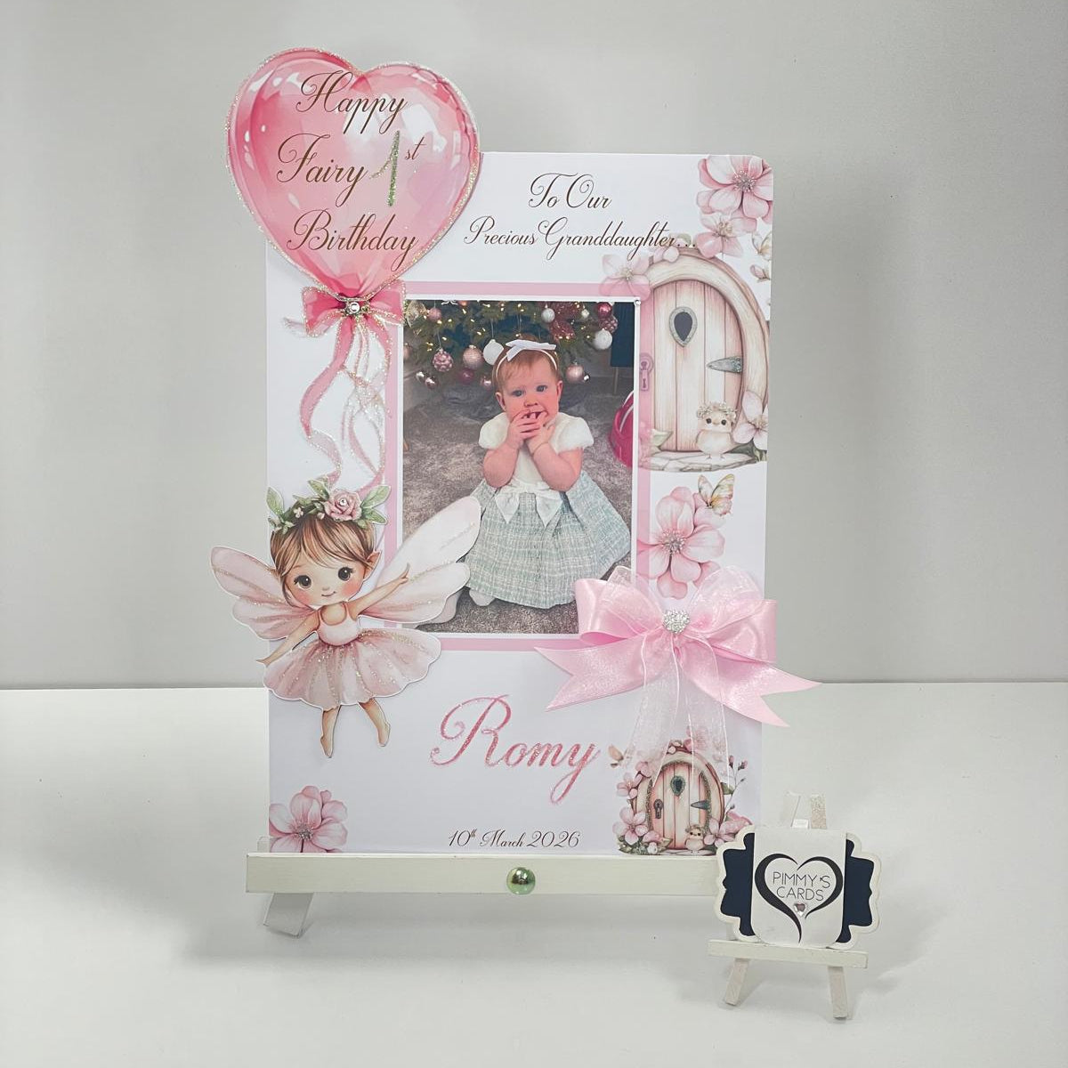 Personalised Handmade card with photo and fairy first birthday theme. with a Decorative gift bag and card with fairy design and pink ribbons. 1st birthday cards girls birthday cards.