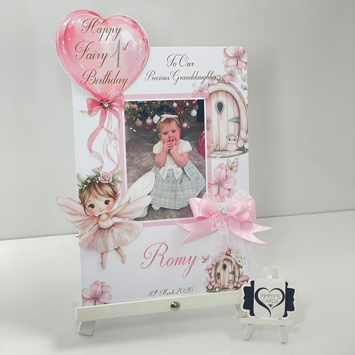 Personalised Handmade card with photo and fairy first birthday theme. with a Decorative gift bag and card with fairy design and pink ribbons. 1st birthday cards girls birthday cards.