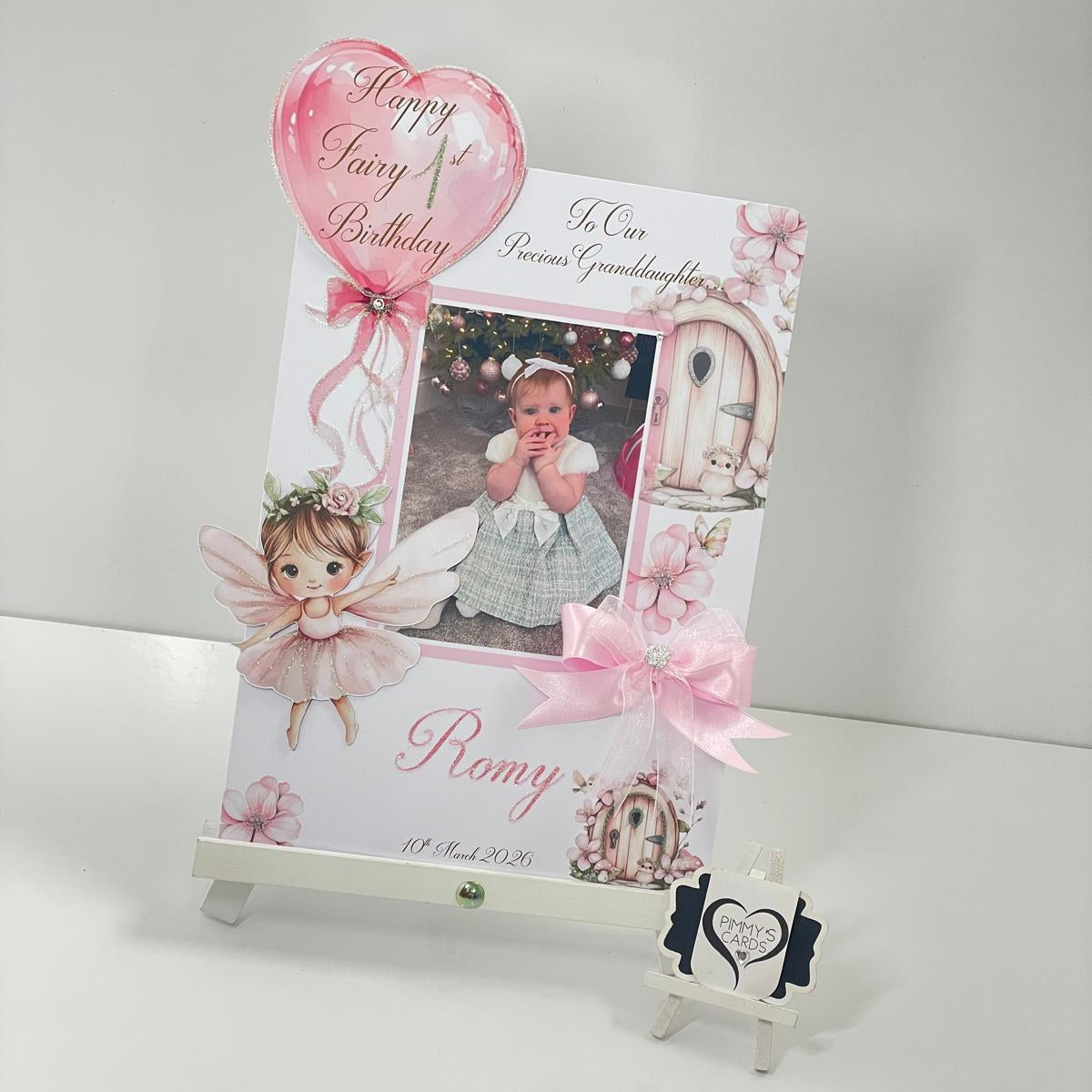 Personalised Handmade card with photo and fairy first birthday theme. with a Decorative gift bag and card with fairy design and pink ribbons. 1st birthday cards girls birthday cards.
