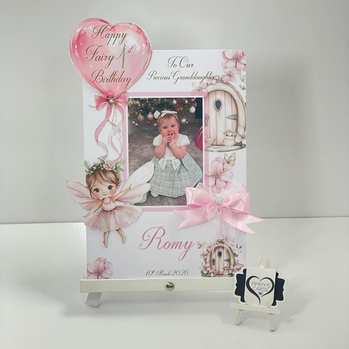 Personalised Handmade card with photo and fairy first birthday theme. with a Decorative gift bag and card with fairy design and pink ribbons. 1st birthday cards girls birthday cards.