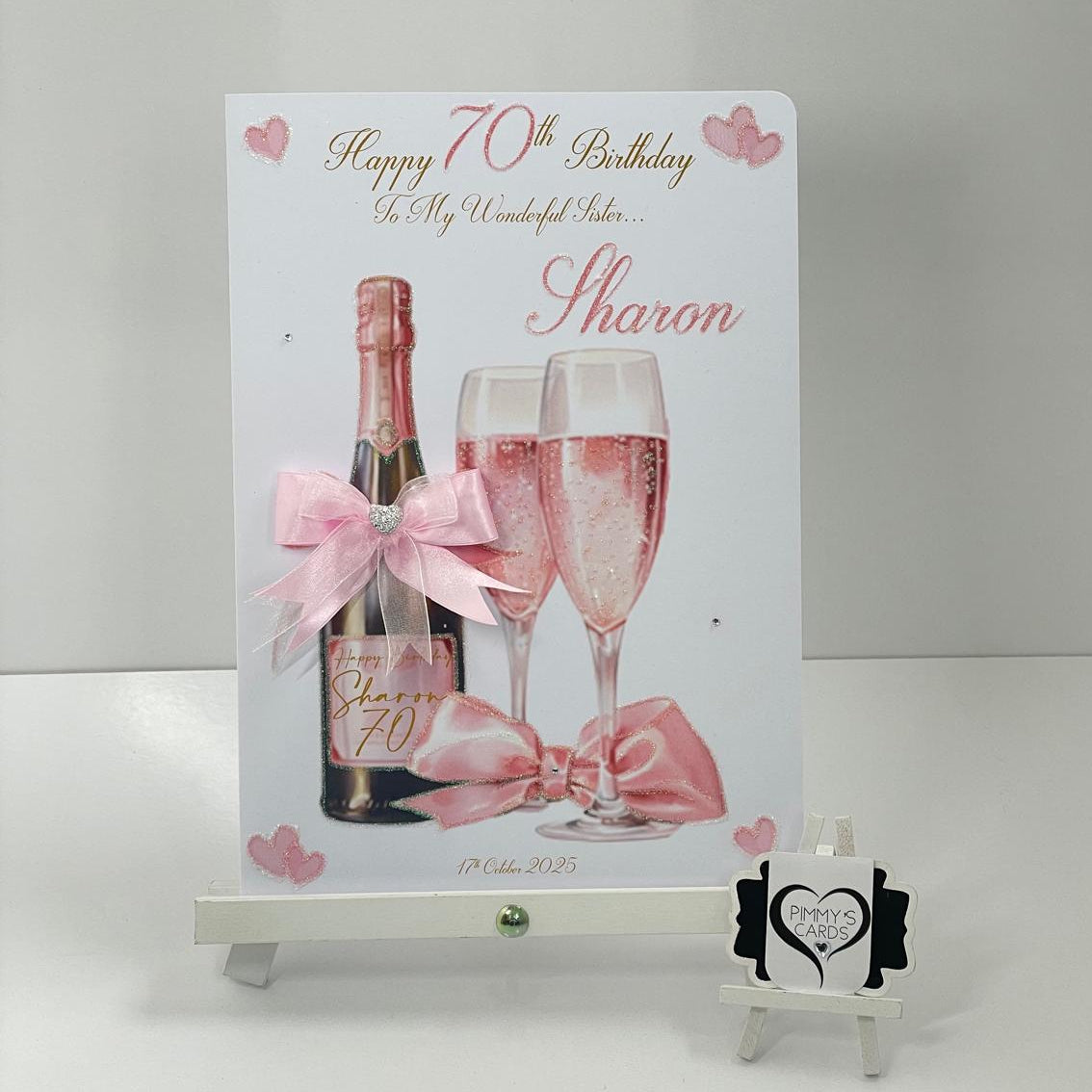 Personalised handmade women's birthday card greeting card. pink champagne with glasses theme.