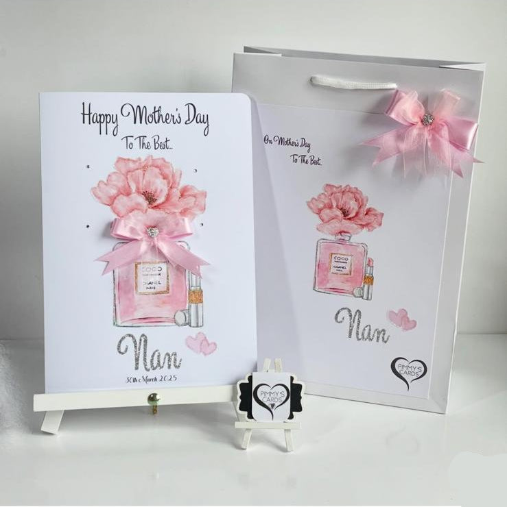 Personalised handmade greeting cards With Matching Gift Bag. Cards for mothers day and women's birthday cards. Pink theme. Pink perfume 