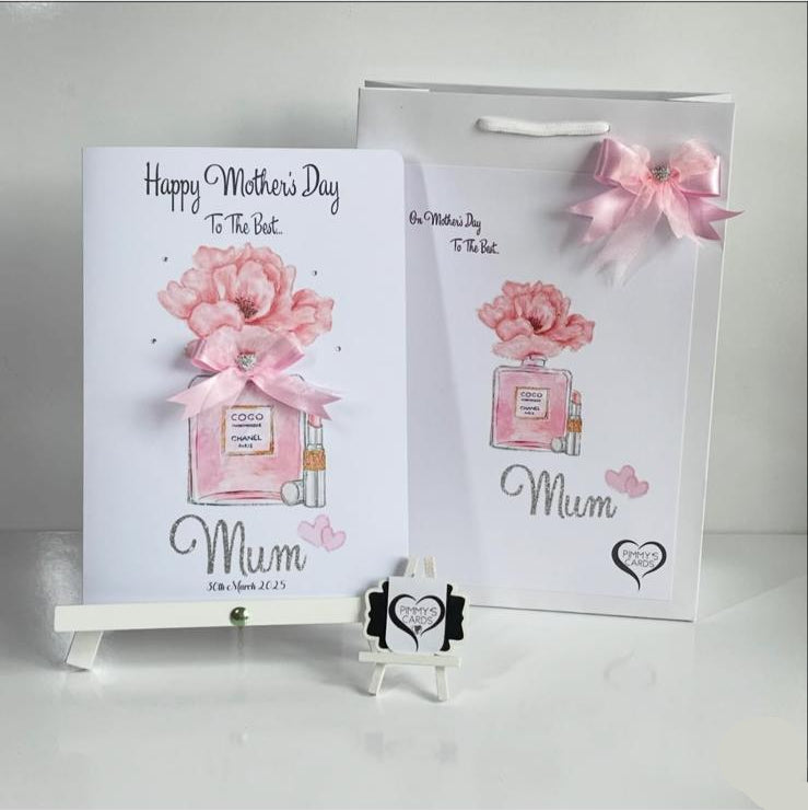 Personalised handmade greeting cards With Matching Gift Bag. Cards for mothers day and women's birthday cards. Pink theme champagne glasses. pink perfume 
