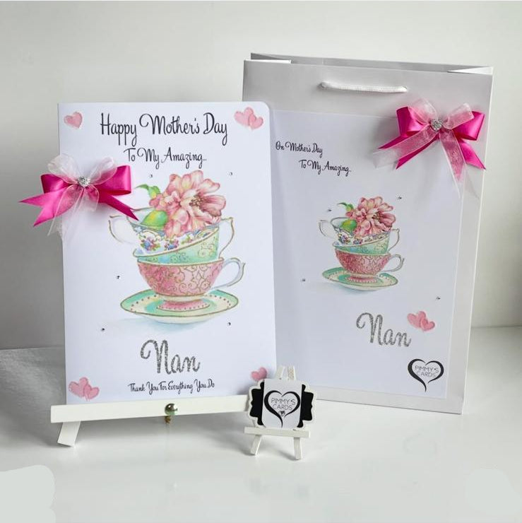 Personalised handmade greeting cards With Matching Gift Bag. Cards for mothers day and women's birthday cards. Pink theme stacking tea cups