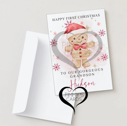 Personalised Christmas Cards. Personalised First Christmas Gingerbread cards. Handmade Christmas cards.