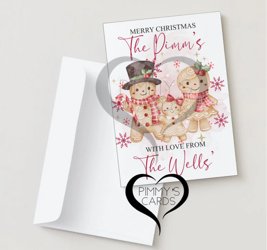 Personalised Christmas Cards. Personalised Gingerbread family cards. Handmade Christmas cards.