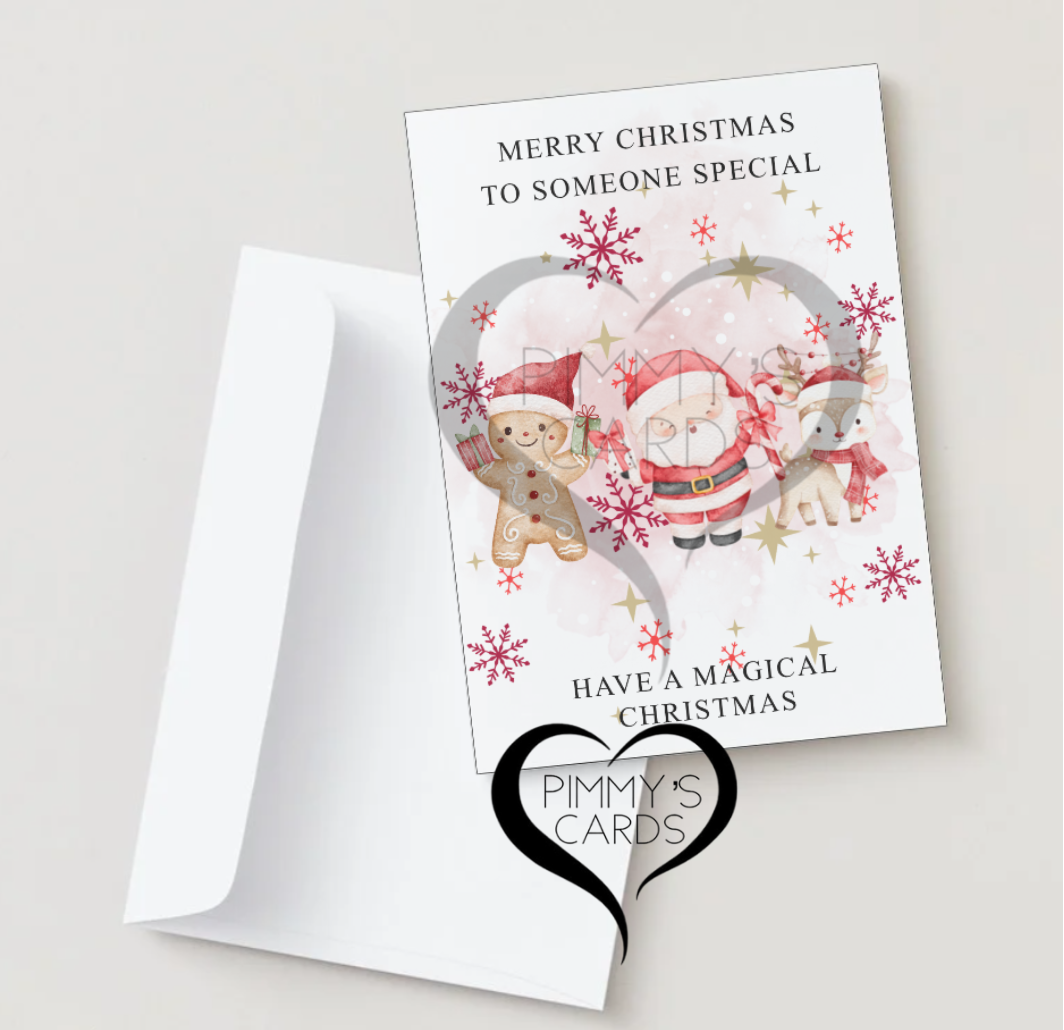 Personalised Christmas Cards.  Handmade Christmas cards. Christmas card with Santa Claus, reindeer, and gingerbread man on.